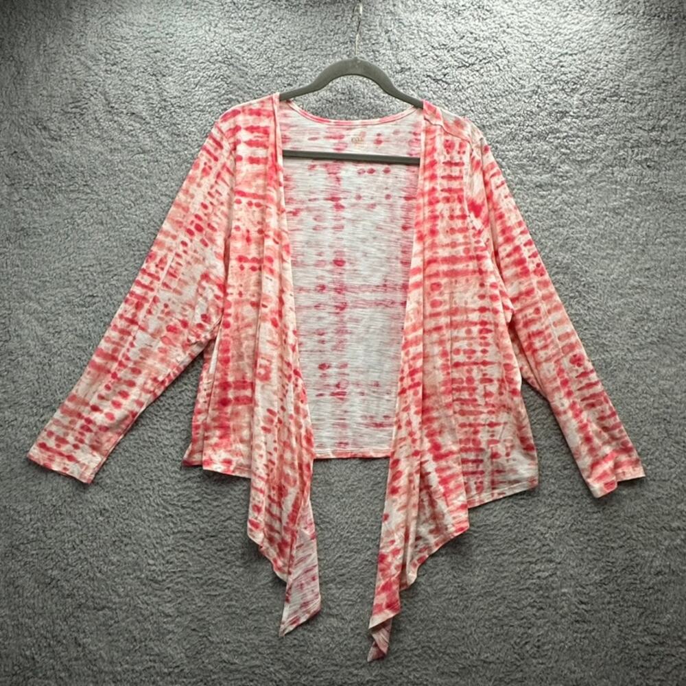 Belle by Kim Gravel XL Pink White Flowy Cardigan Open Front Lightweight Vacation